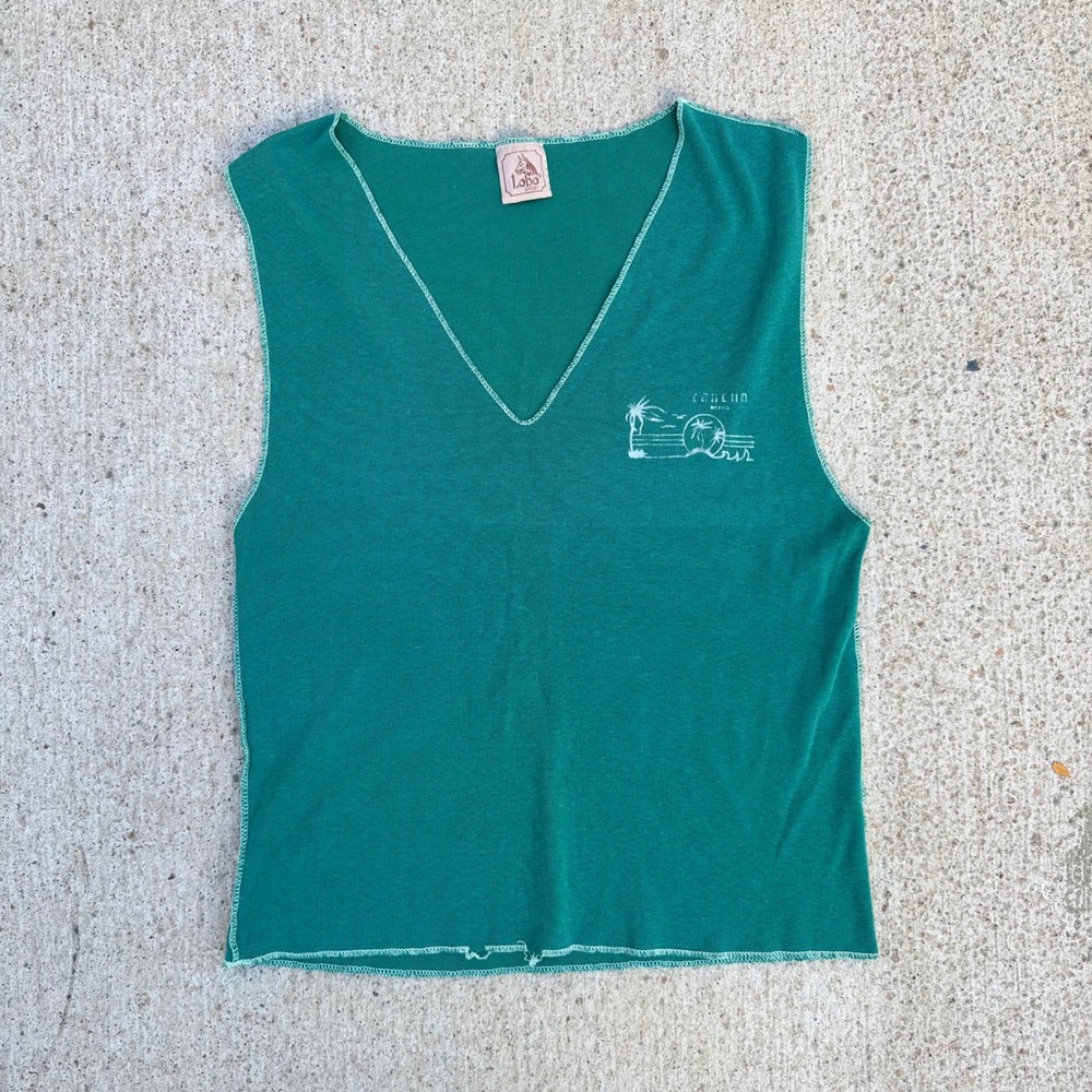 Vintage 90s Lobo Sport Cancun Ribbed Tank Top Teal V Neck Contrast Stitch Mexico